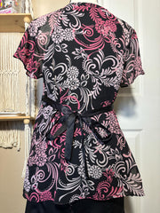 Women’s Vintage Floral Top – Black & Pink with Tie Belt