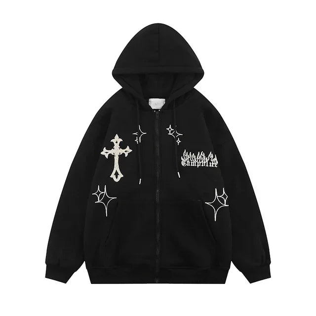 Men’s Embroidered Zip-Up Hoodie – Retro Harajuku Streetwear