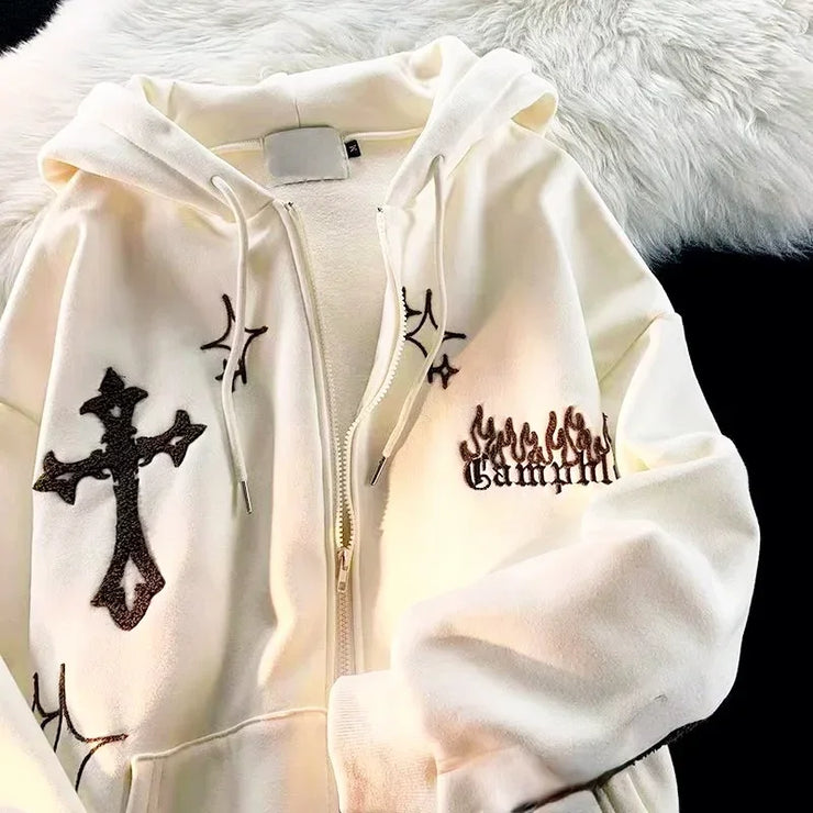 Men’s Embroidered Zip-Up Hoodie – Retro Harajuku Streetwear