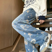 2024 Men’s Baggy Jeans – Floral Print Wide-Leg Denim Pants