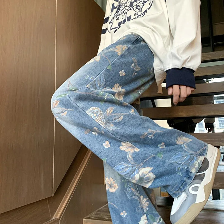 2024 Men’s Baggy Jeans – Floral Print Wide-Leg Denim Pants