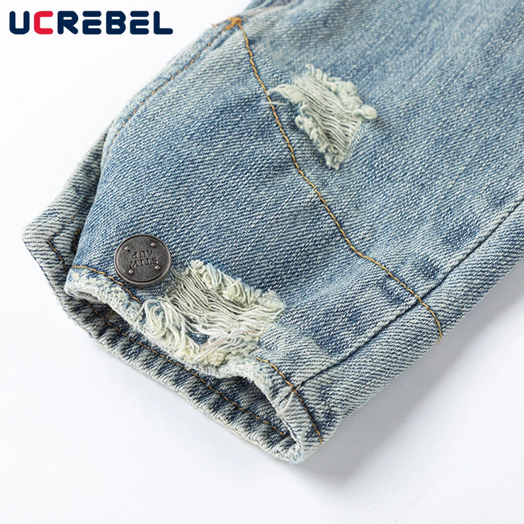 Men’s Ripped Denim Jacket – Retro Distressed High Street Outerwear