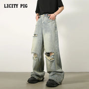 Men’s Loose Ripped Jeans – Wide-Leg Baggy Denim Pants