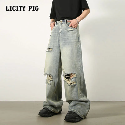 Men’s Loose Ripped Jeans – Wide-Leg Baggy Denim Pants