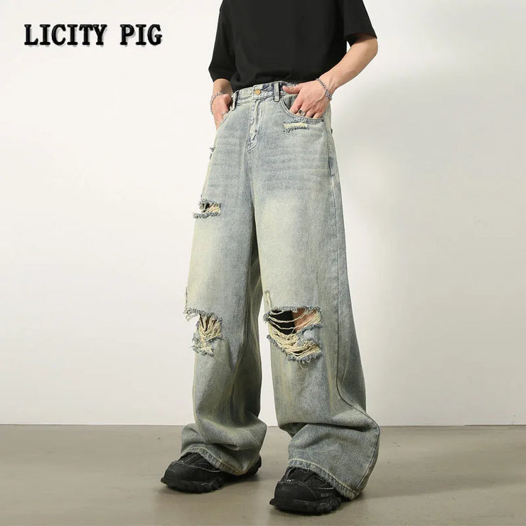 Men’s Loose Ripped Jeans – Wide-Leg Baggy Denim Pants
