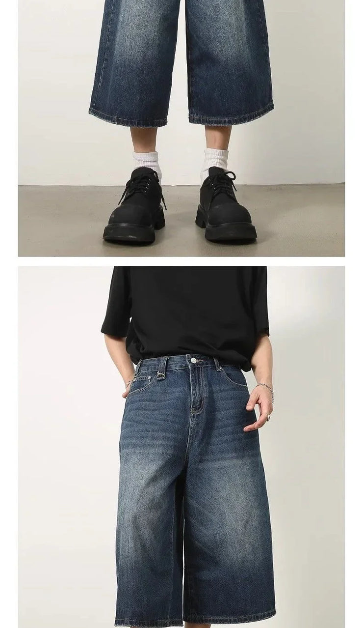 Unisex Y2K Baggy Denim Shorts – High-Waist Wide-Leg Knee Length