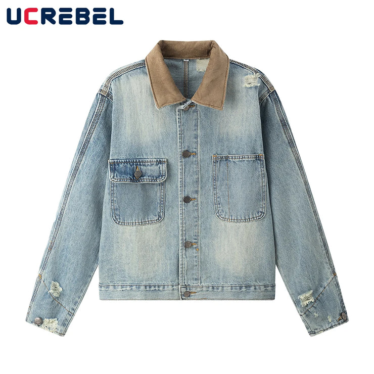 Men’s Ripped Denim Jacket – Retro Distressed High Street Outerwear
