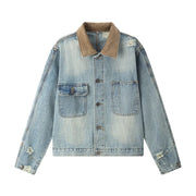 Men’s Ripped Denim Jacket – Retro Distressed High Street Outerwear