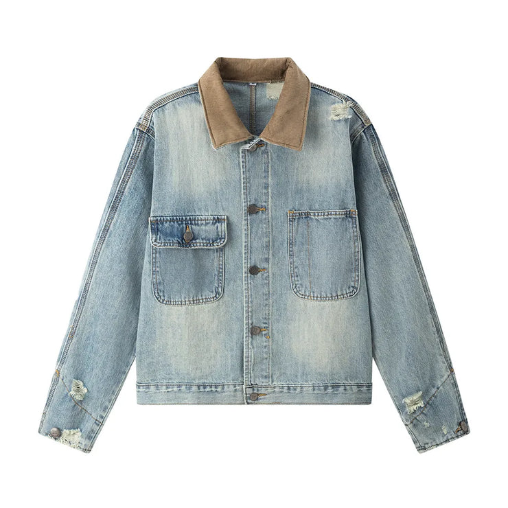 Men’s Ripped Denim Jacket – Retro Distressed High Street Outerwear