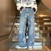 2024 Men’s Baggy Jeans – Floral Print Wide-Leg Denim Pants