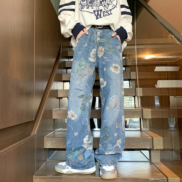 2024 Men’s Baggy Jeans – Floral Print Wide-Leg Denim Pants