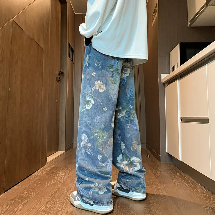 2024 Men’s Baggy Jeans – Floral Print Wide-Leg Denim Pants