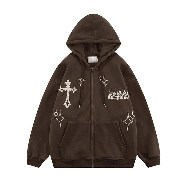 Men’s Embroidered Zip-Up Hoodie – Retro Harajuku Streetwear