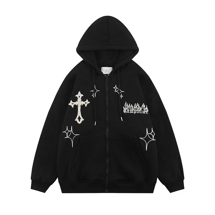 Men’s Embroidered Zip-Up Hoodie – Retro Harajuku Streetwear