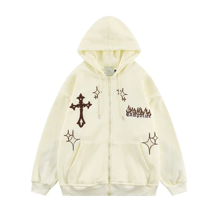 Men’s Embroidered Zip-Up Hoodie – Retro Harajuku Streetwear
