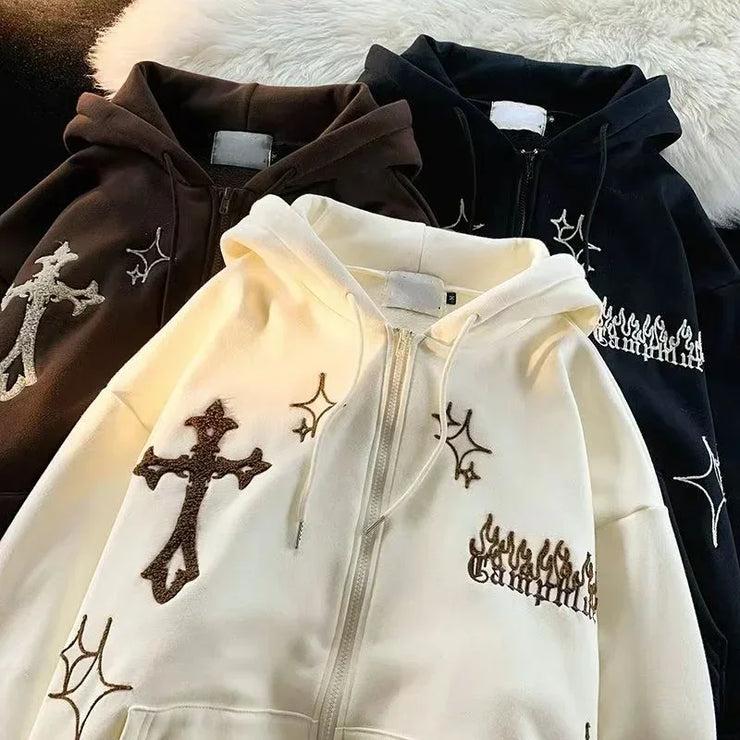Men’s Embroidered Zip-Up Hoodie – Retro Harajuku Streetwear