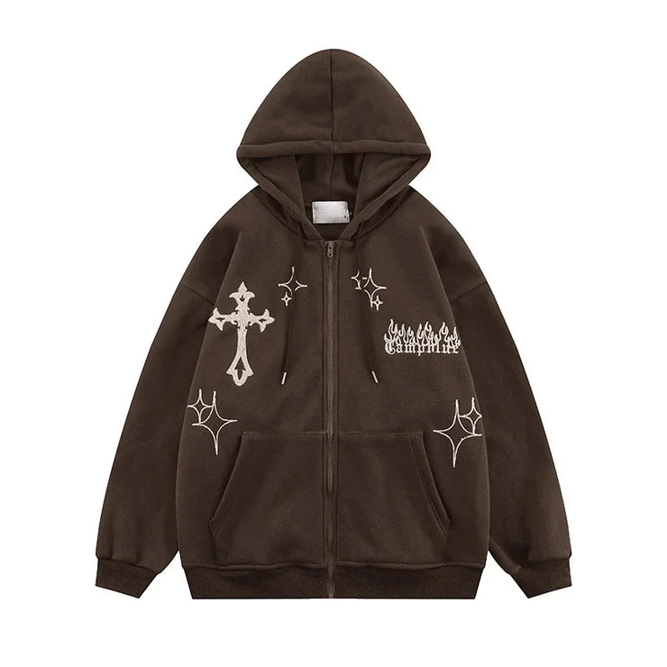 Men’s Embroidered Zip-Up Hoodie – Retro Harajuku Streetwear