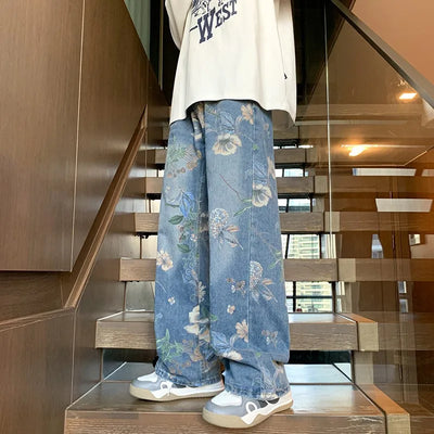 2024 Men’s Baggy Jeans – Floral Print Wide-Leg Denim Pants