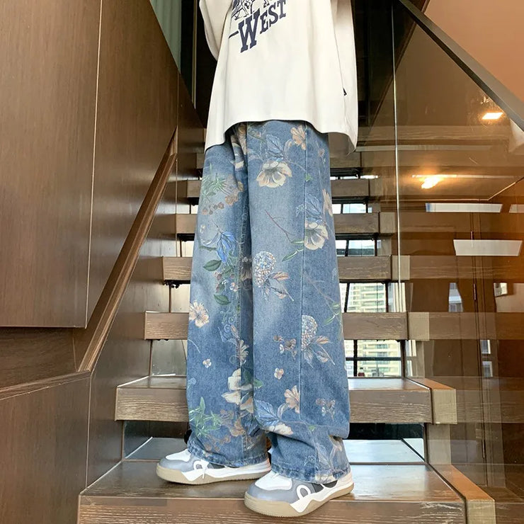 2024 Men’s Baggy Jeans – Floral Print Wide-Leg Denim Pants