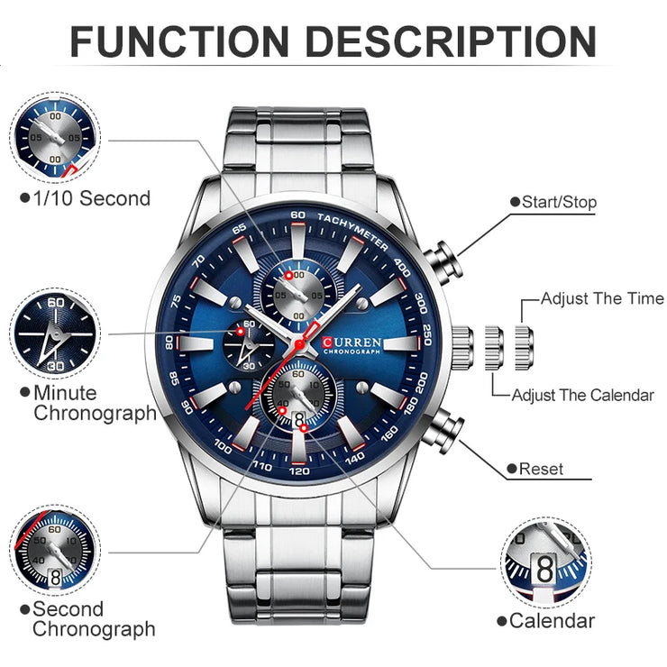 CURREN Luxury Men’s Quartz Watch – Sporty, waterproof, and stylish with chronograph & date display.