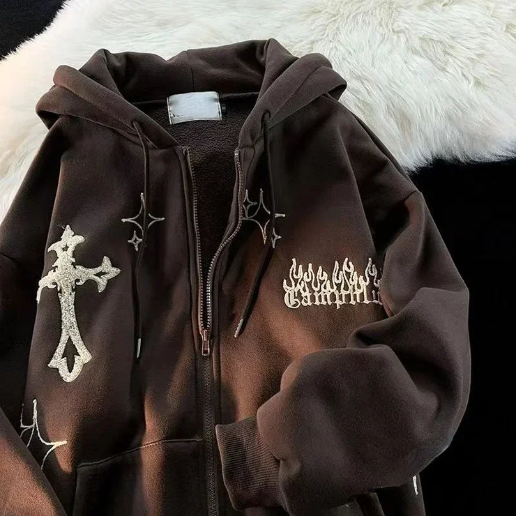 Men’s Embroidered Zip-Up Hoodie – Retro Harajuku Streetwear