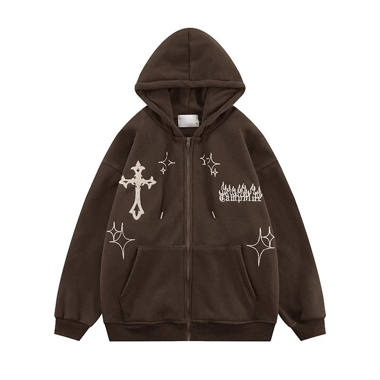 Men’s Embroidered Zip-Up Hoodie – Retro Harajuku Streetwear